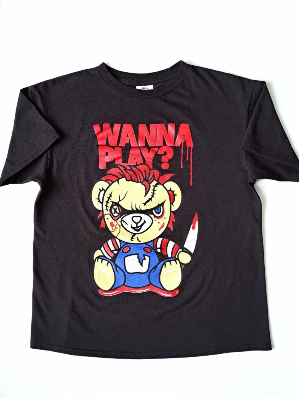 Chucky Teddy "Wanna Play" Black Graphic T-Shirt Youth Size Medium Unisex